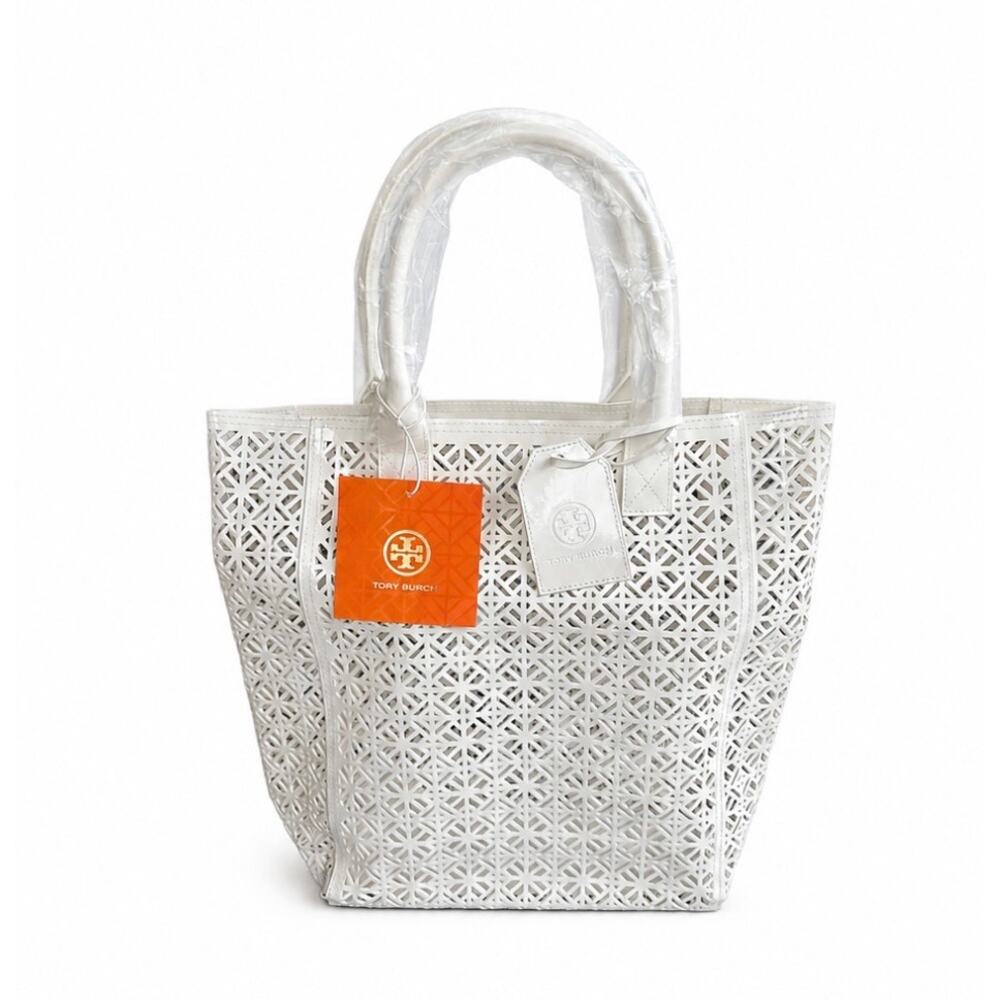 Tory Burch Laser Cut PVC Beach Tote White Geometric Shopper Bag